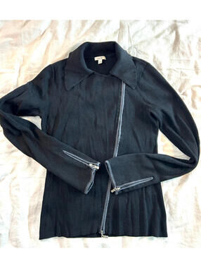 Cache Black Ribbed Zip Up Cardigan Structured Collar Size L